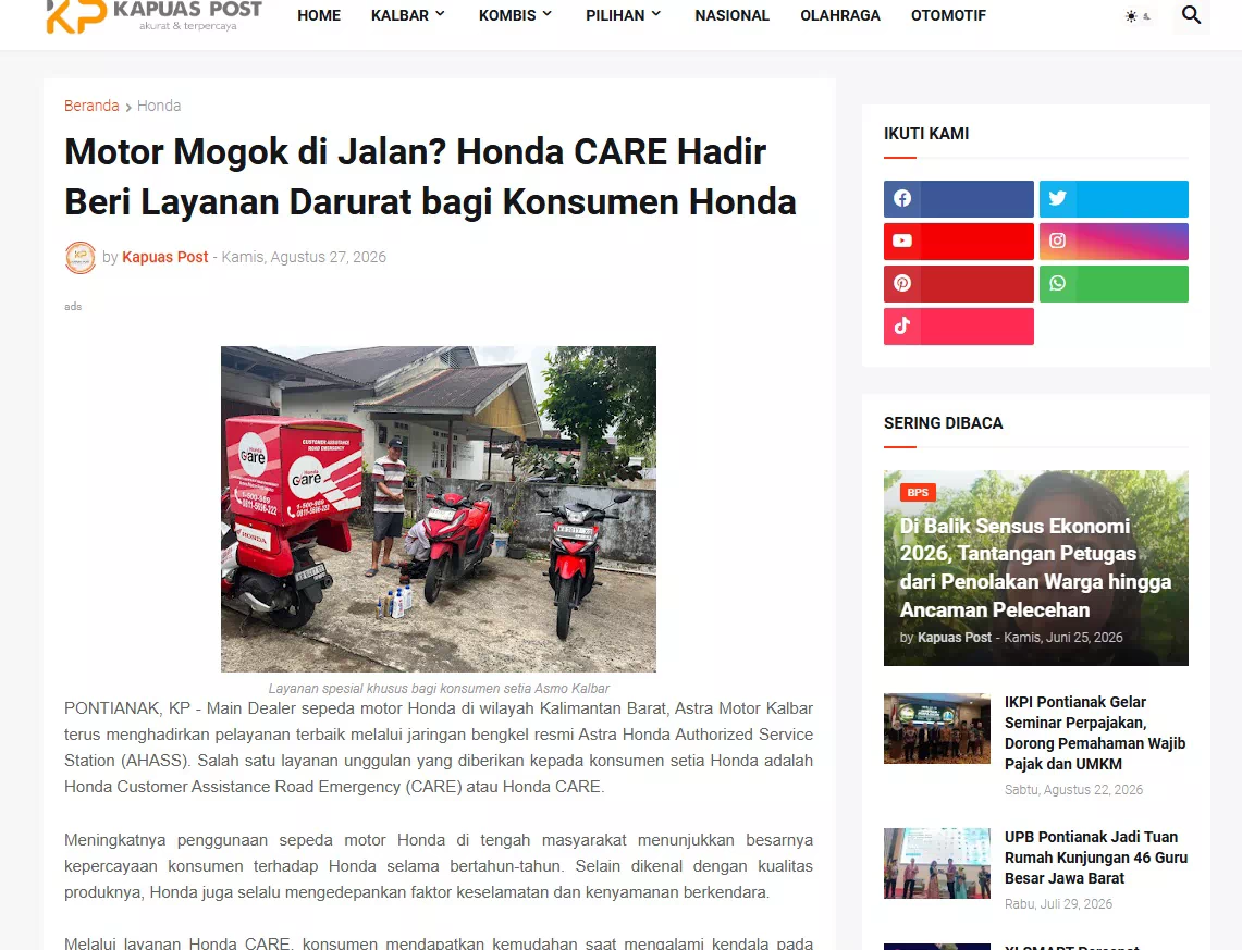 Motor Mogok di Jalan? Honda CARE Hadir Beri Layanan Darurat bagi Konsumen Honda