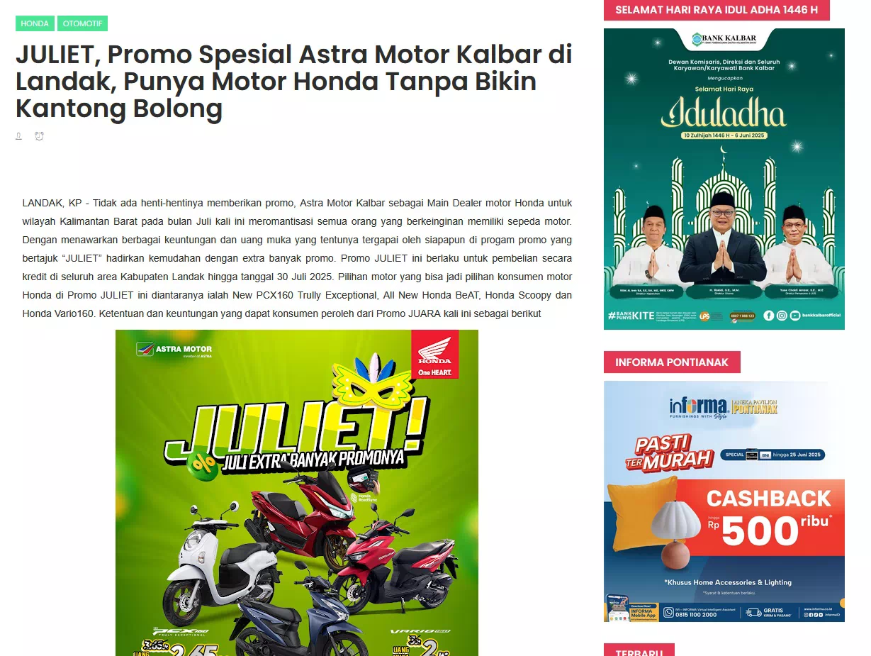 JULIET, Promo Spesial Astra Motor Kalbar di Landak, Punya Motor Honda Tanpa Bikin Kantong Bolong