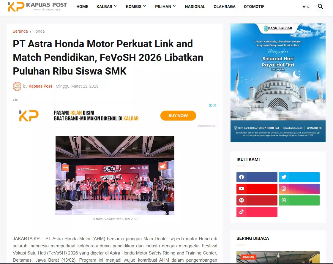 PT Astra Honda Motor Perkuat Link and Match Pendidikan, FeVoSH 2026 Libatkan Puluhan Ribu Siswa SMK