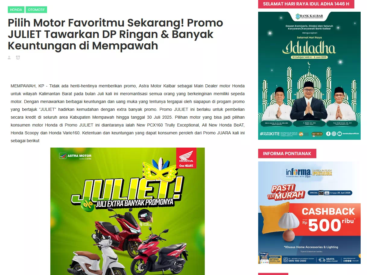 Pilih Motor Favoritmu Sekarang! Promo JULIET Tawarkan DP Ringan &amp; Banyak Keuntungan di Mempawah