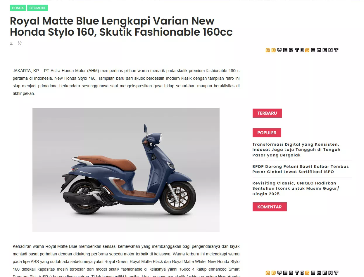 Royal Matte Blue Lengkapi Varian New Honda Stylo 160, Skutik Fashionable 160cc