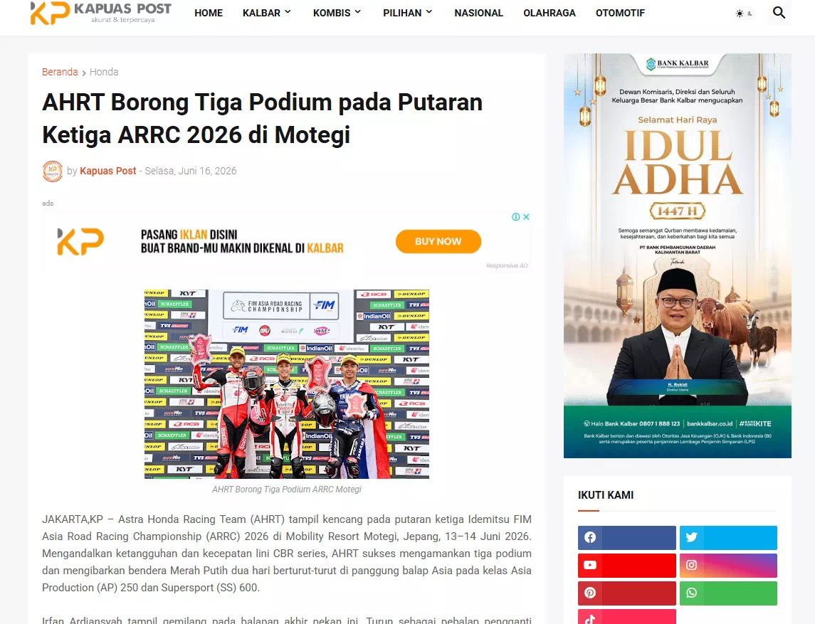 AHRT Borong Tiga Podium pada Putaran Ketiga ARRC 2026 di Motegi