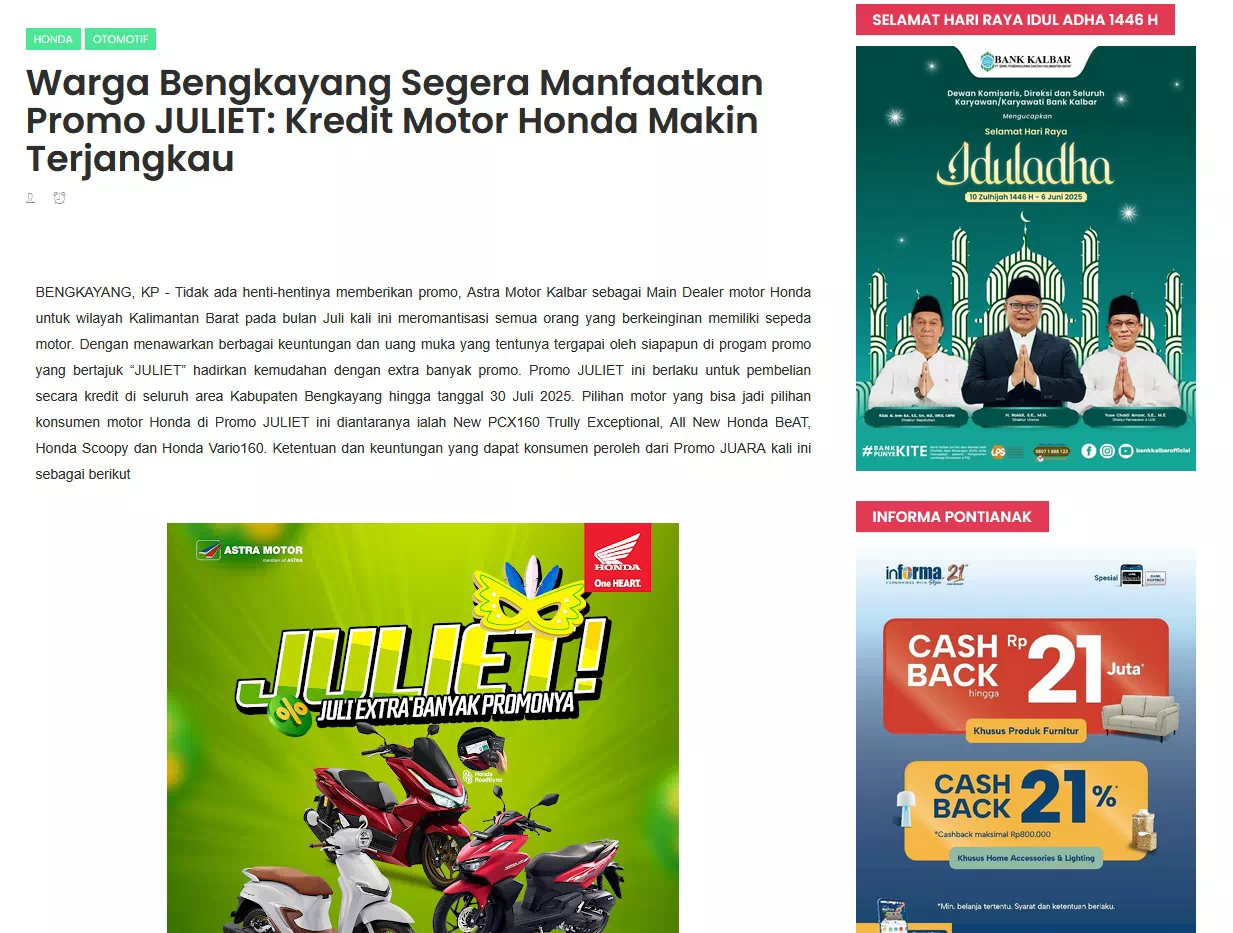 Warga Bengkayang Segera Manfaatkan Promo JULIET: Kredit Motor Honda Makin Terjangkau