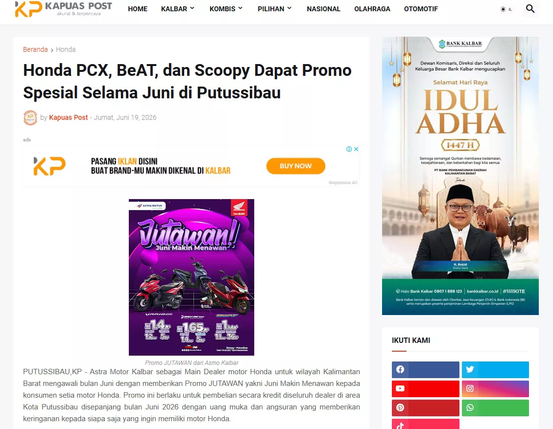Honda PCX, BeAT, dan Scoopy Dapat Promo Spesial Selama Juni di Putussibau