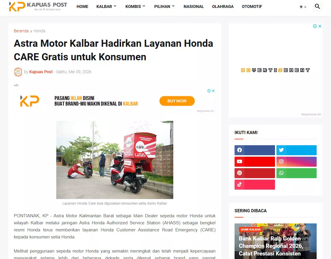 Astra Motor Kalbar Hadirkan Layanan Honda CARE Gratis untuk Konsumen