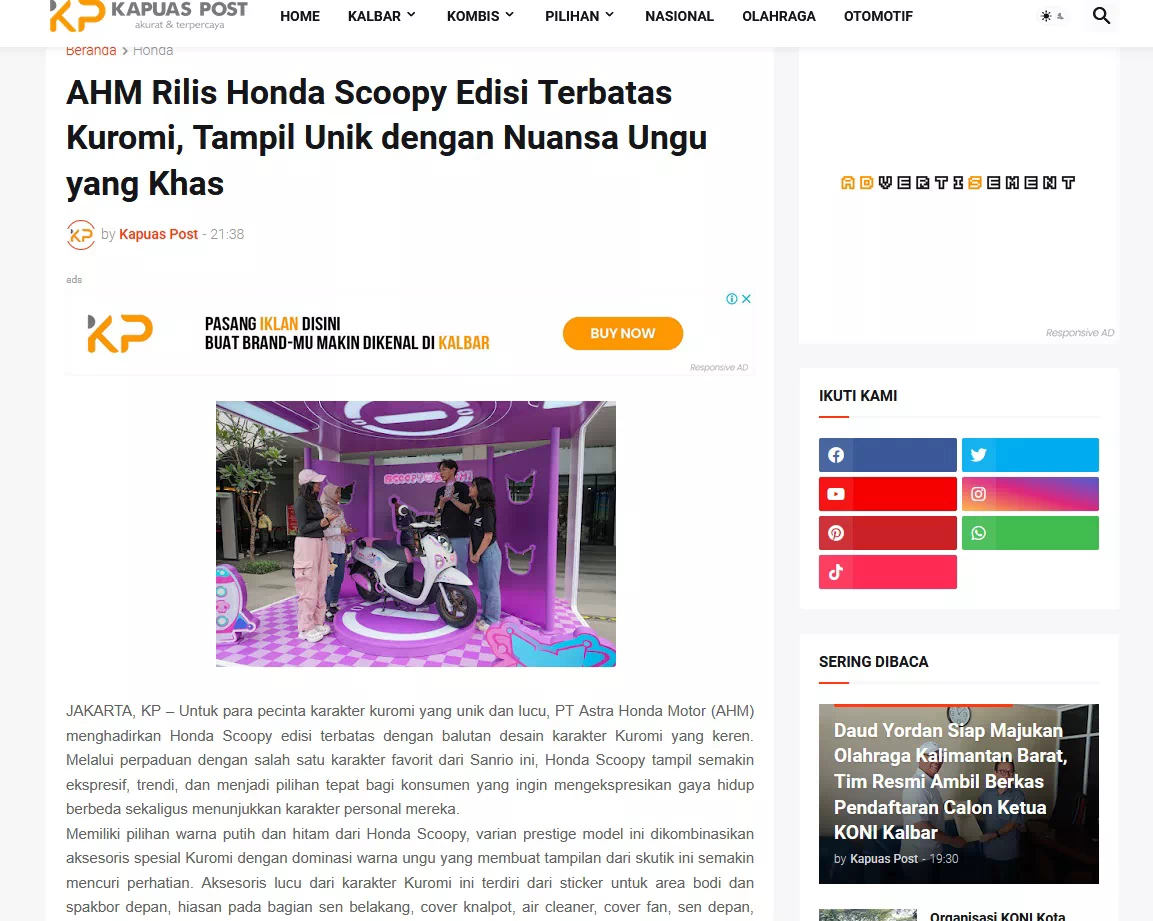 AHM Rilis Honda Scoopy Edisi Terbatas Kuromi, Tampil Unik dengan Nuansa Ungu yang Khas