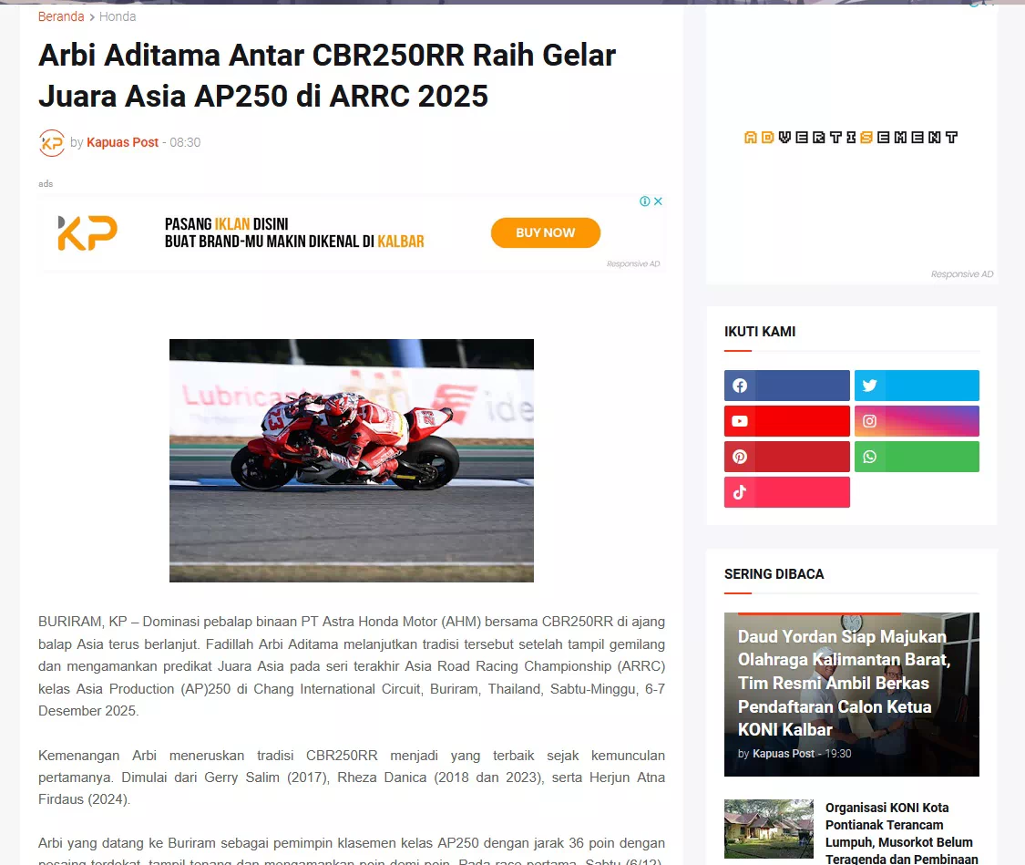 Arbi Aditama Antar CBR250RR Raih Gelar Juara Asia AP250 di ARRC 2025