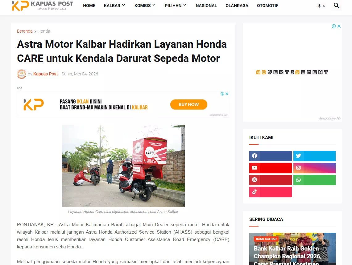 Astra Motor Kalbar Hadirkan Layanan Honda CARE untuk Kendala Darurat Sepeda Motor