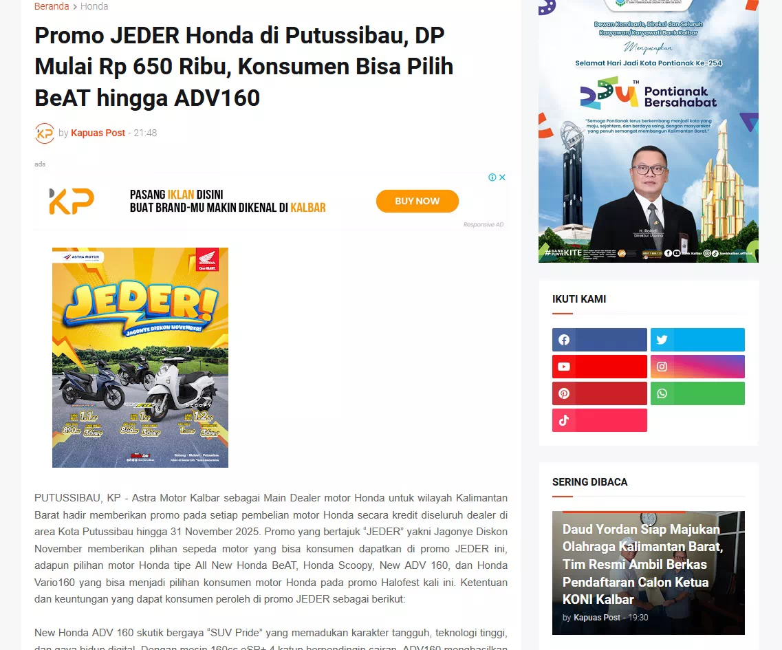 Promo JEDER Honda di Putussibau, DP Mulai Rp 650 Ribu, Konsumen Bisa Pilih BeAT hingga ADV160