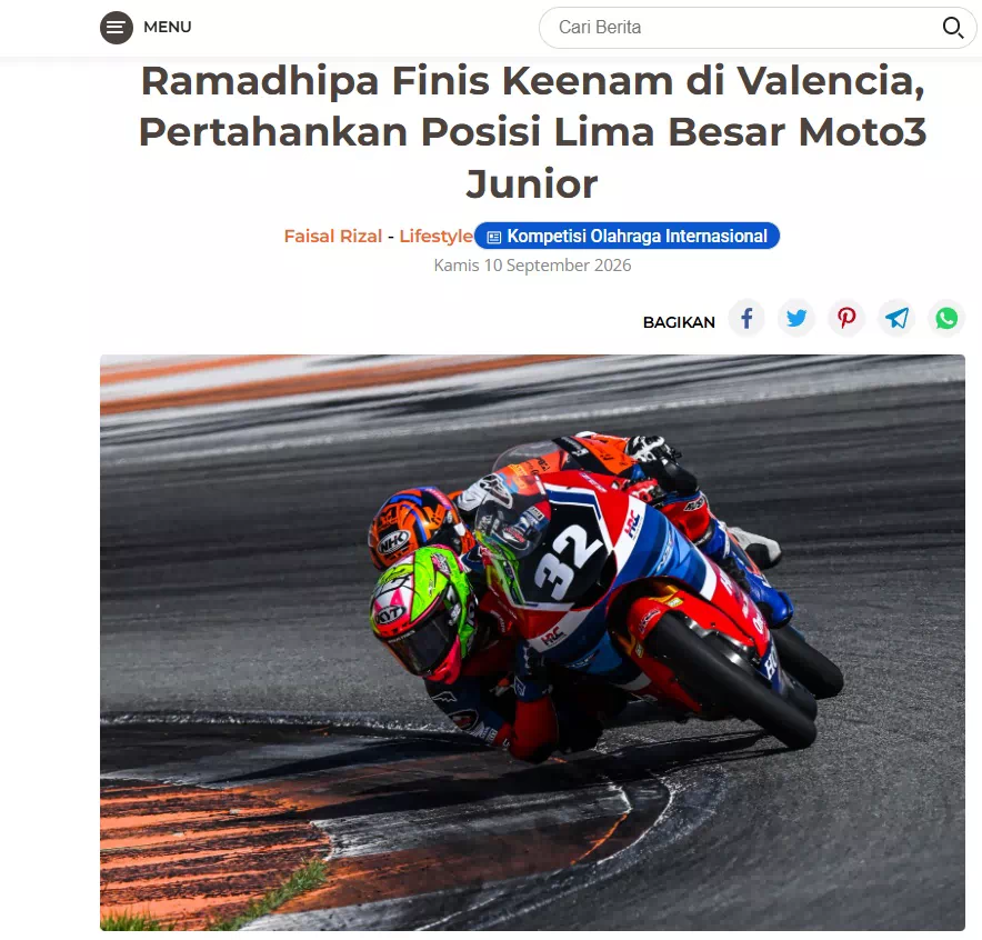 Ramadhipa Finis Keenam di Valencia, Pertahankan Posisi Lima Besar Moto3 Junior
