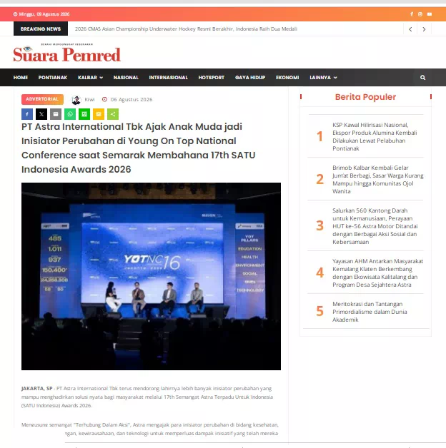 PT Astra International Tbk Ajak Anak Muda jadi Inisiator Perubahan di Young On Top National Conference saat Semarak Membahana 17th SATU Indonesia Awards 2026