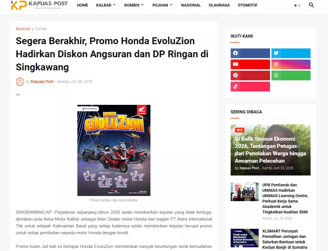 Segera Berakhir, Promo Honda EvoluZion Hadirkan Diskon Angsuran dan DP Ringan di Singkawang