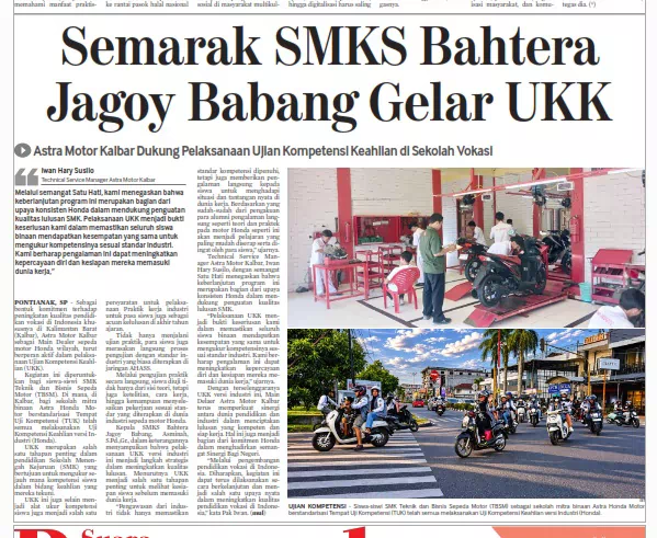 Semarak SMKS Bahtera Jagoy Babang Gelar UKK, Astra Motor Kalbar Dukung Pelaksanaan Ujian Kompetensi Keahlian di Sekolah Vokasi