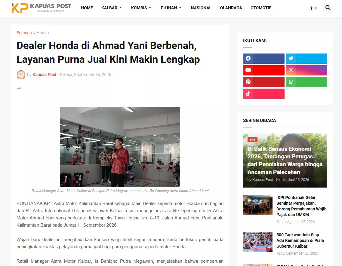 Dealer Honda di Ahmad Yani Berbenah, Layanan Purna Jual Kini Makin Lengkap