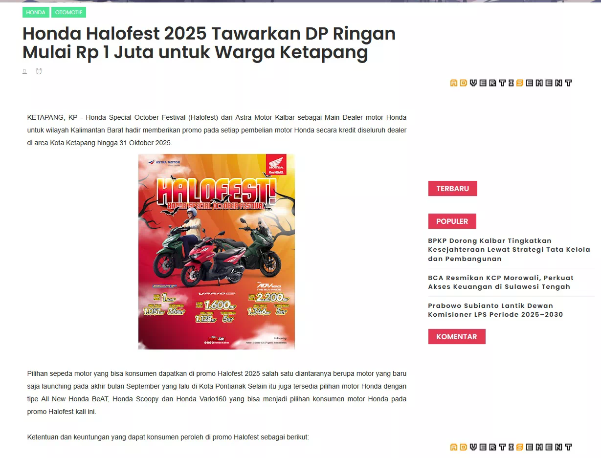Honda Halofest 2025 Tawarkan DP Ringan Mulai Rp 1 Juta untuk Warga Ketapang
