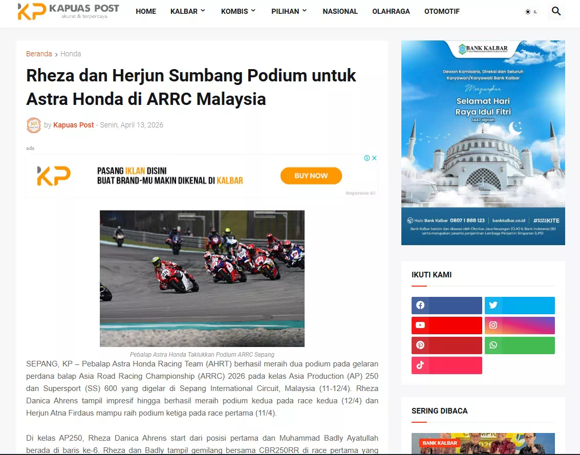 Rheza dan Herjun Sumbang Podium untuk Astra Honda di ARRC Malaysia