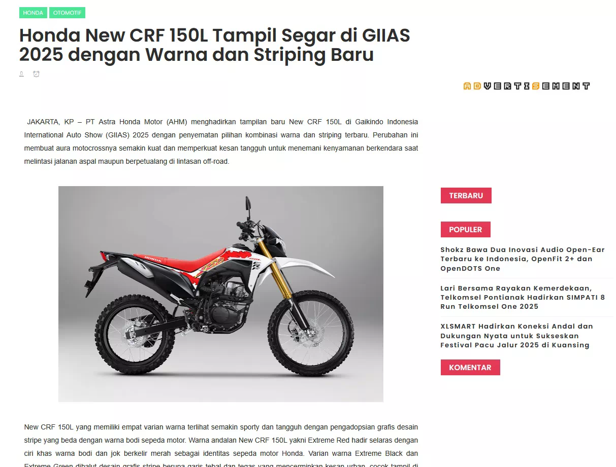 Honda New CRF 150L Tampil Segar di GIIAS 2025 dengan Warna dan Striping Baru