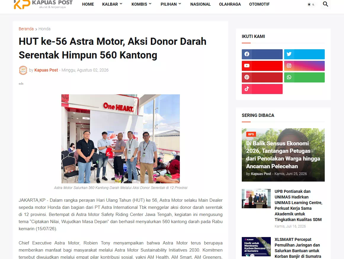 HUT ke-56 Astra Motor, Aksi Donor Darah Serentak Himpun 560 Kantong