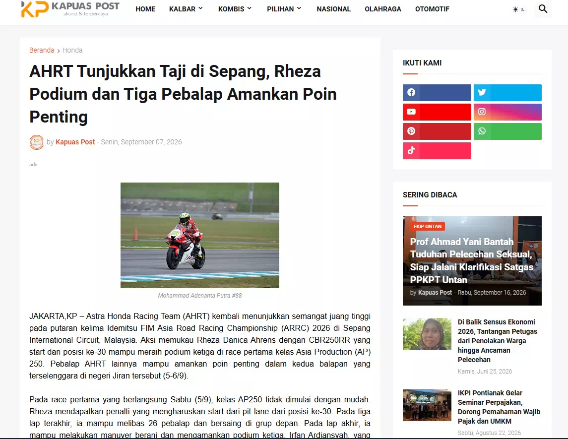 AHRT Tunjukkan Taji di Sepang, Rheza Podium dan Tiga Pebalap Amankan Poin Penting
