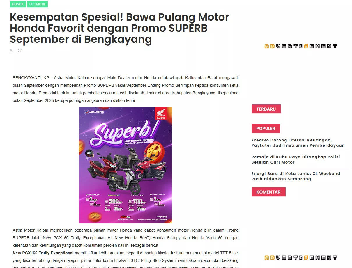 Kesempatan Spesial! Bawa Pulang Motor Honda Favorit dengan Promo SUPERB September di Bengkayang