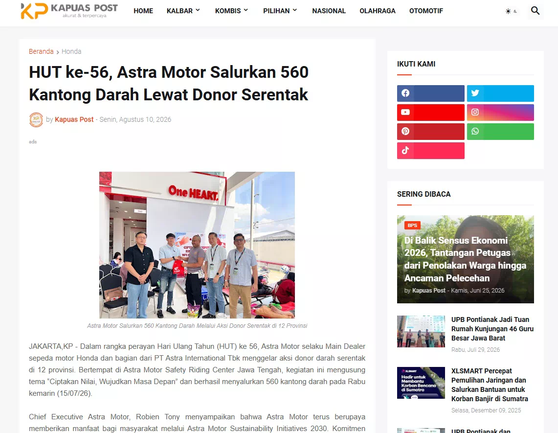 HUT ke-56, Astra Motor Salurkan 560 Kantong Darah Lewat Donor Serentak