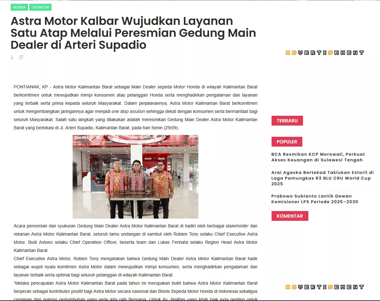 Astra Motor Kalbar Wujudkan Layanan Satu Atap Melalui Peresmian Gedung Main Dealer di Arteri Supadio