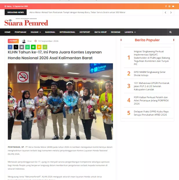 KLHN Tahun ke-17, Ini Para Juara Kontes Layanan Honda Nasional 2026 Asal Kalimantan Barat