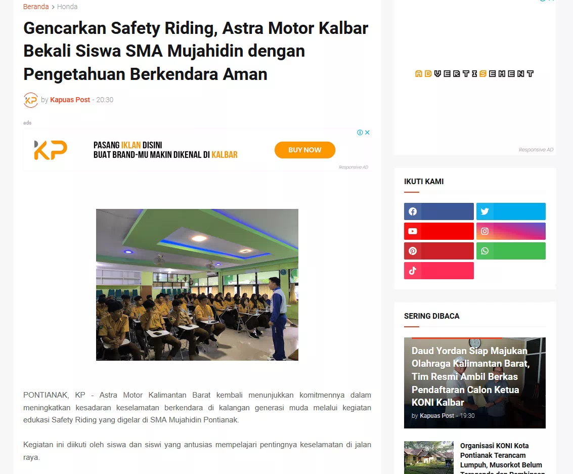 Gencarkan Safety Riding, Astra Motor Kalbar Bekali Siswa SMA Mujahidin dengan Pengetahuan Berkendara Aman
