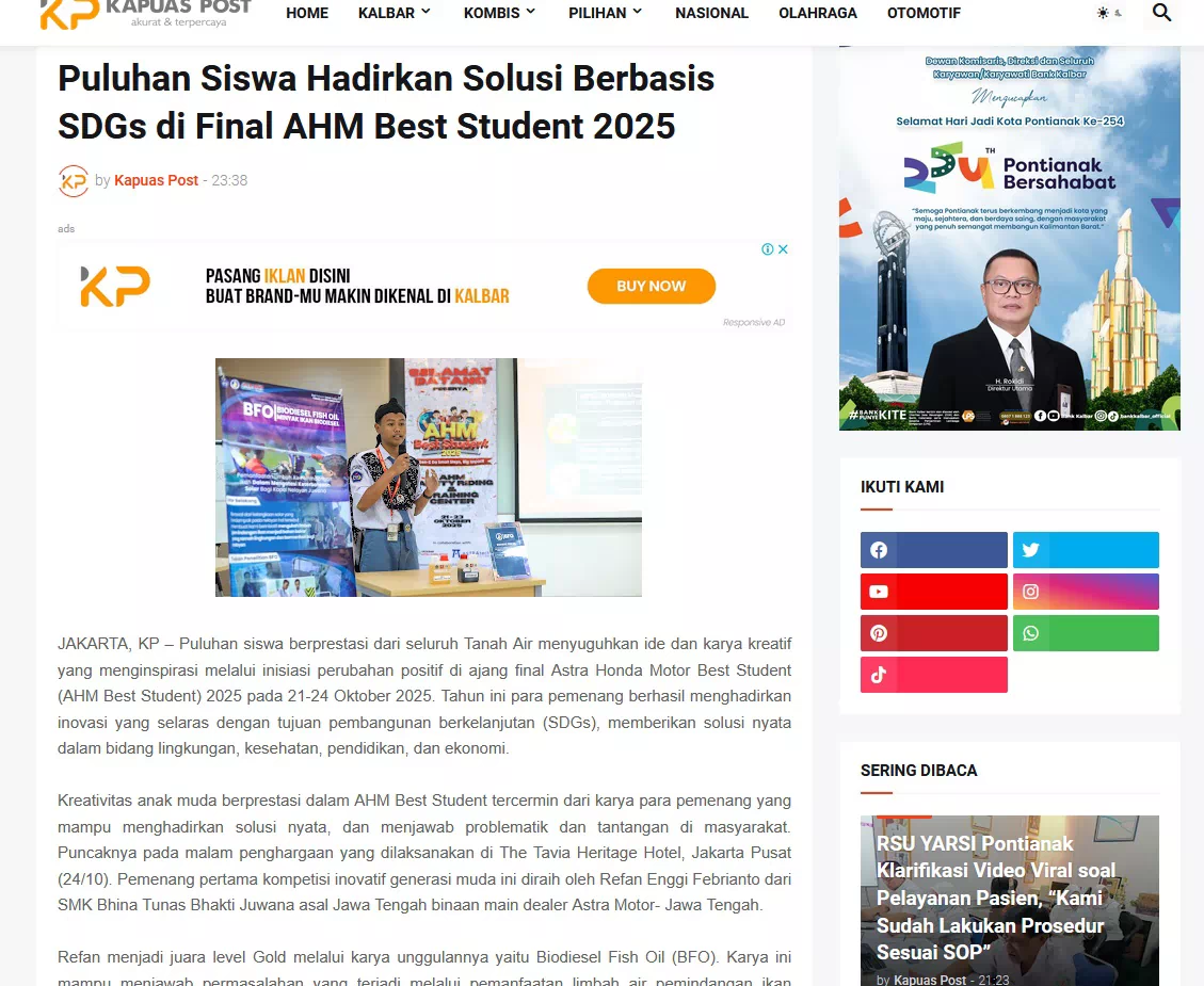 Puluhan Siswa Hadirkan Solusi Berbasis SDGs di Final AHM Best Student 2025