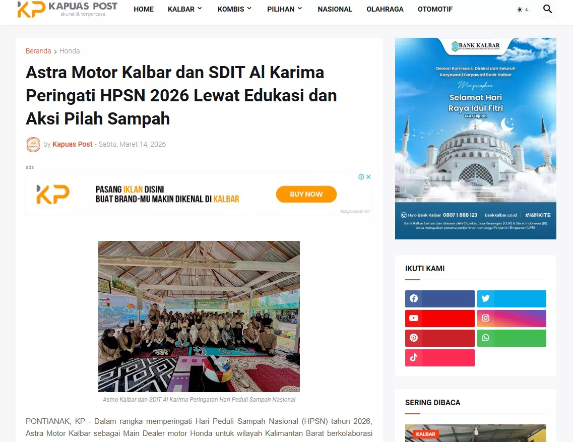 Astra Motor Kalbar dan SDIT Al Karima Peringati HPSN 2026 Lewat Edukasi dan Aksi Pilah Sampah