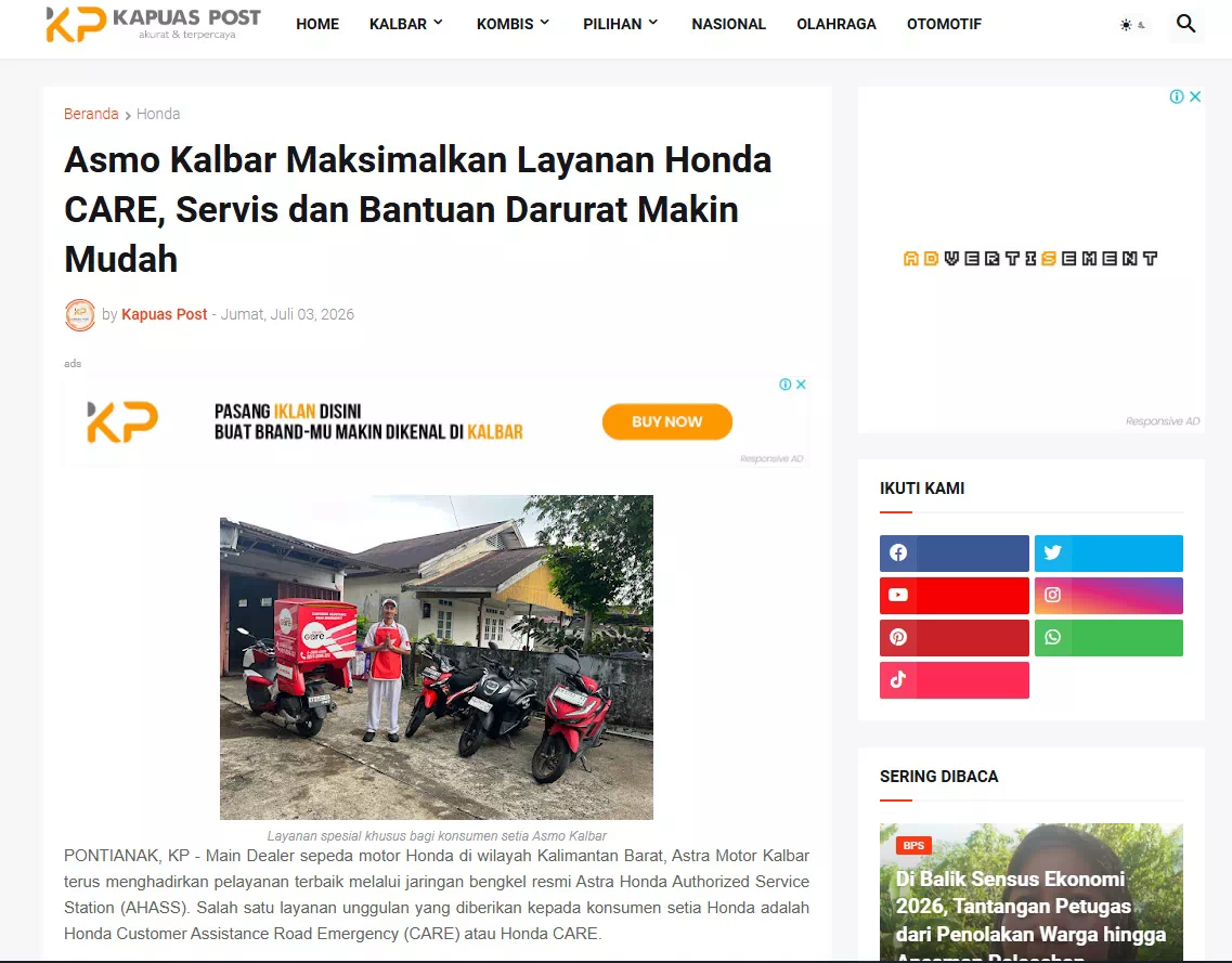 Asmo Kalbar Maksimalkan Layanan Honda CARE, Servis dan Bantuan Darurat Makin Mudah