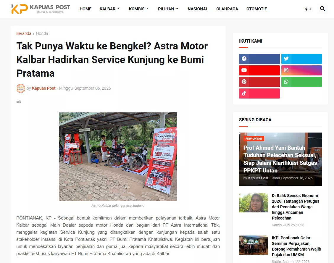 Tak Punya Waktu ke Bengkel? Astra Motor Kalbar Hadirkan Service Kunjung ke Bumi Pratama
