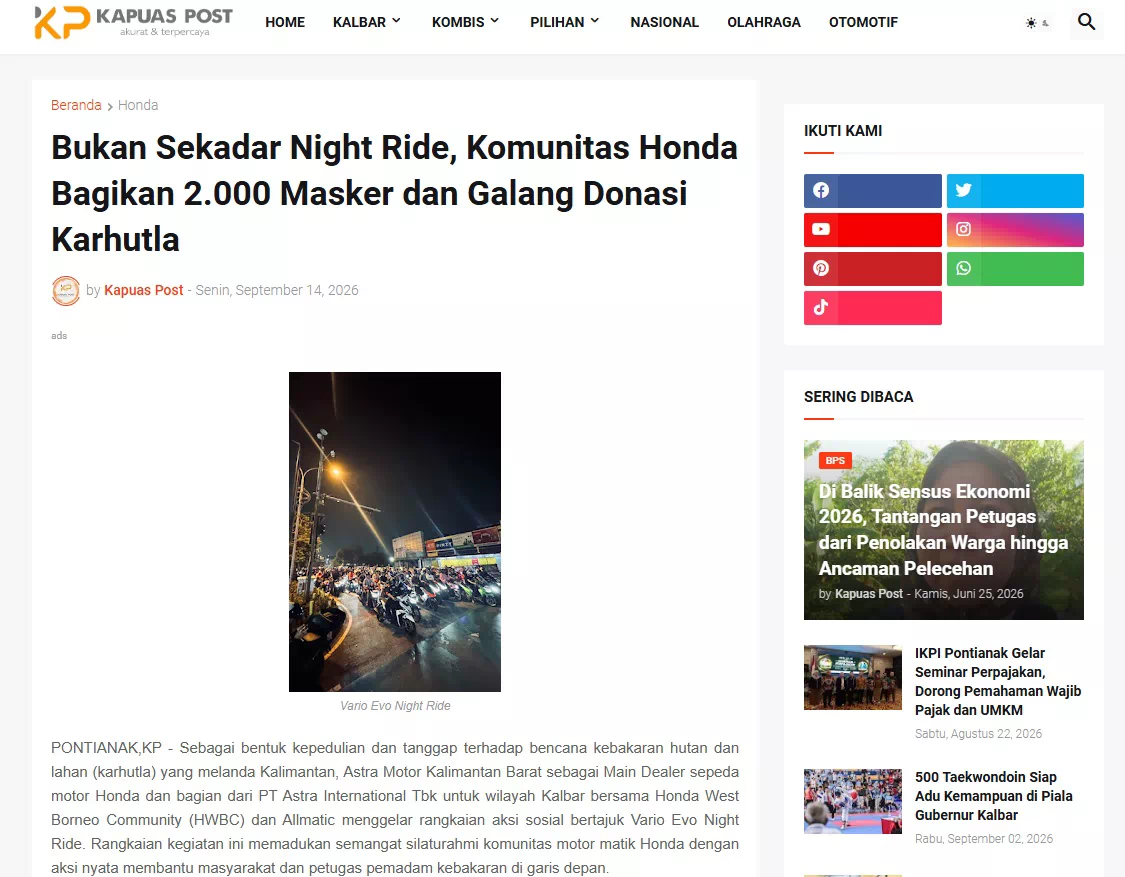 Bukan Sekadar Night Ride, Komunitas Honda Bagikan 2.000 Masker dan Galang Donasi Karhutla