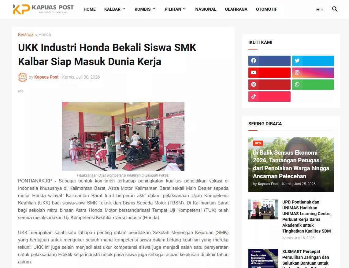 UKK Industri Honda Bekali Siswa SMK Kalbar Siap Masuk Dunia Kerja