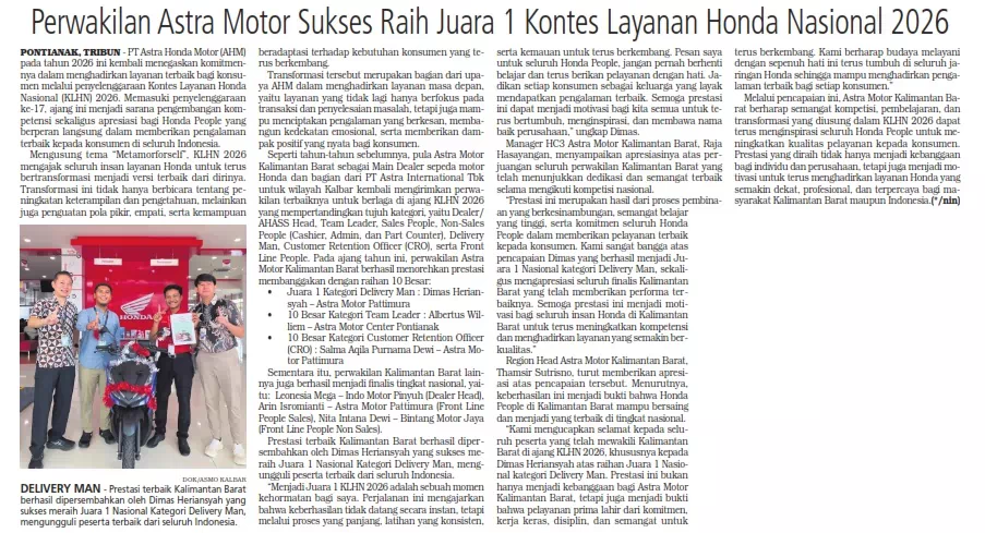 Perwakilan Astra Motor Sukses Raih Juara 1 Kontes Layanan Honda Nasional 2026