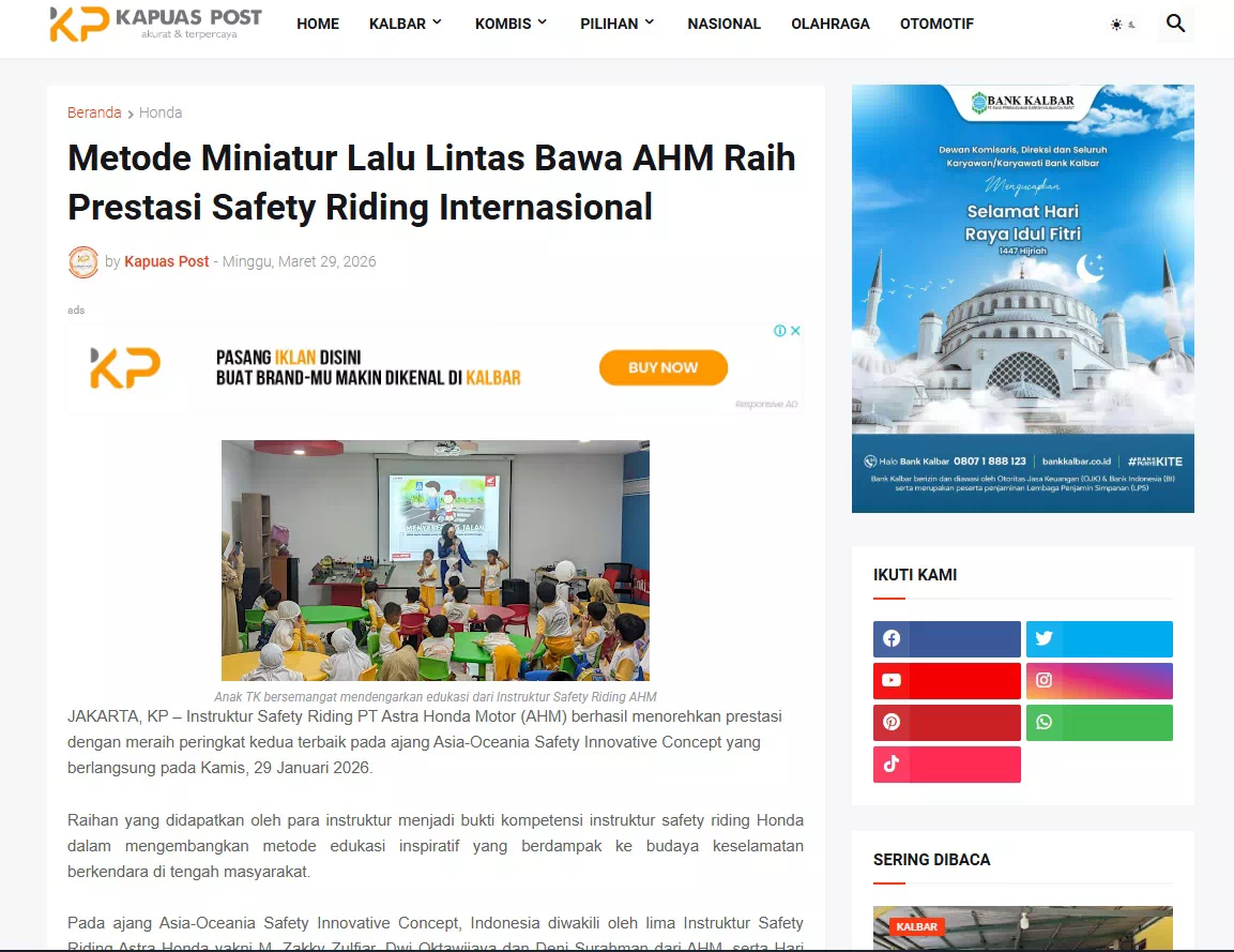 Metode Miniatur Lalu Lintas Bawa AHM Raih Prestasi Safety Riding Internasional