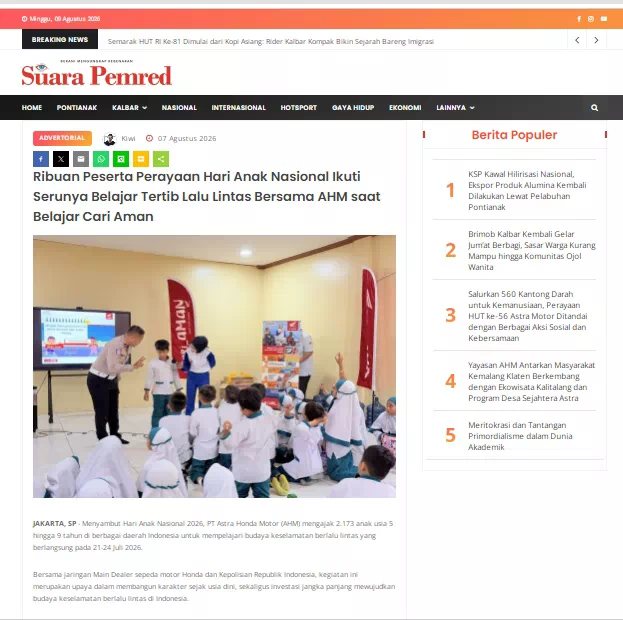 Ribuan Peserta Perayaan Hari Anak Nasional Ikuti Serunya Belajar Tertib Lalu Lintas Bersama AHM saat Belajar Cari Aman