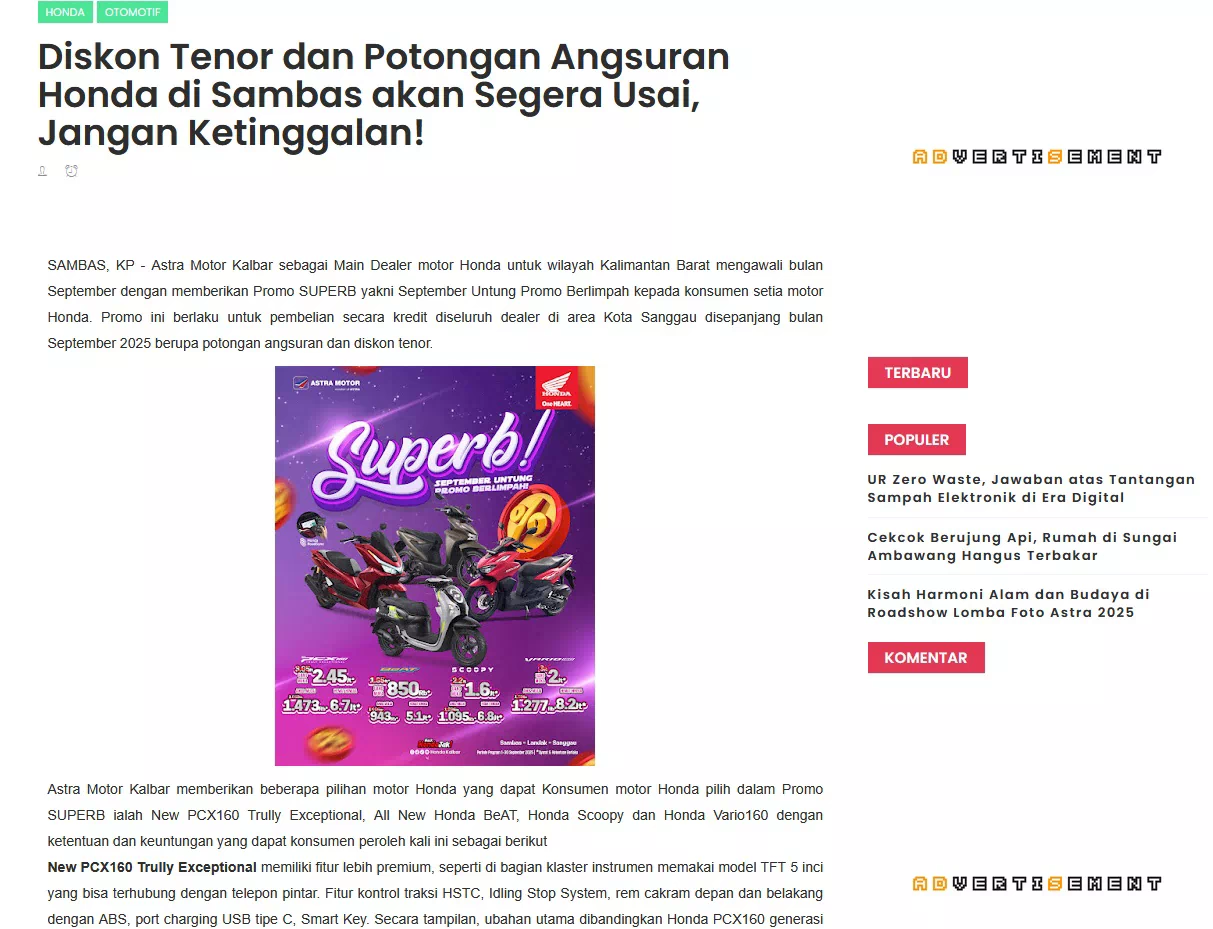 Diskon Tenor dan Potongan Angsuran Honda di Sambas akan Segera Usai, Jangan Ketinggalan!