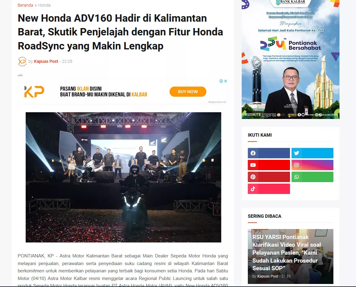 New Honda ADV160 Hadir di Kalimantan Barat, Skutik Penjelajah dengan Fitur Honda RoadSync yang Makin Lengkap