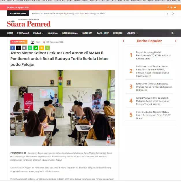Astra Motor Kalbar Perkuat Cari Aman di SMAN 11 Pontianak untuk Bekali Budaya Tertib Berlalu Lintas pada Pelajar