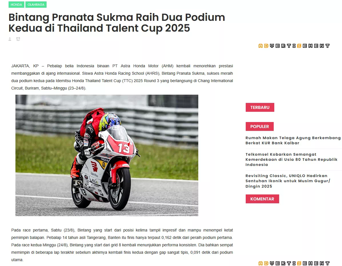 Bintang Pranata Sukma Raih Dua Podium Kedua di Thailand Talent Cup 2025
