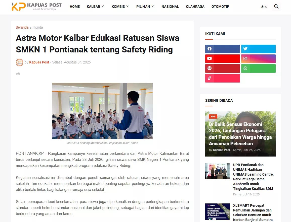 Astra Motor Kalbar Edukasi Ratusan Siswa SMKN 1 Pontianak tentang Safety Riding