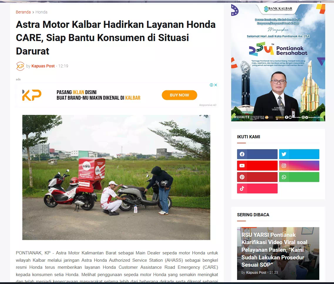 Astra Motor Kalbar Hadirkan Layanan Honda CARE, Siap Bantu Konsumen di Situasi Darurat
