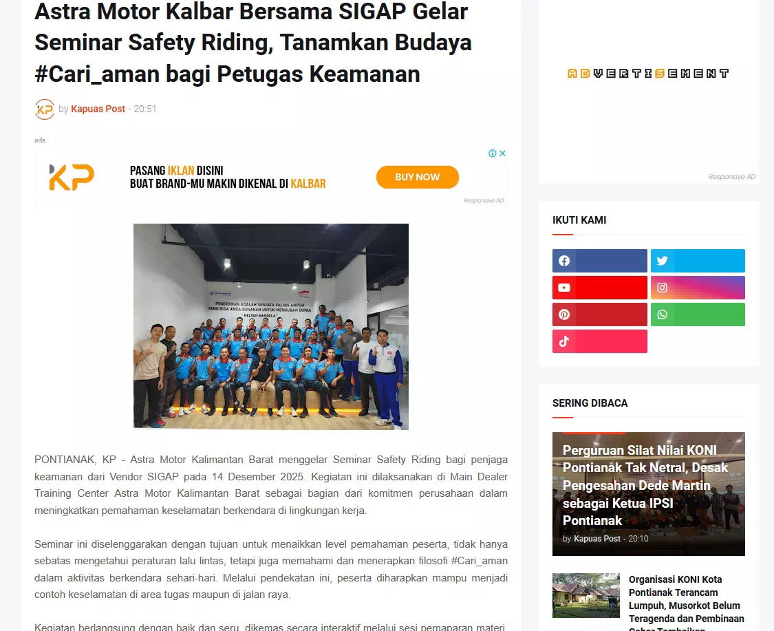 Astra Motor Kalbar Bersama SIGAP Gelar Seminar Safety Riding, Tanamkan Budaya #Cari_aman bagi Petugas Keamanan
