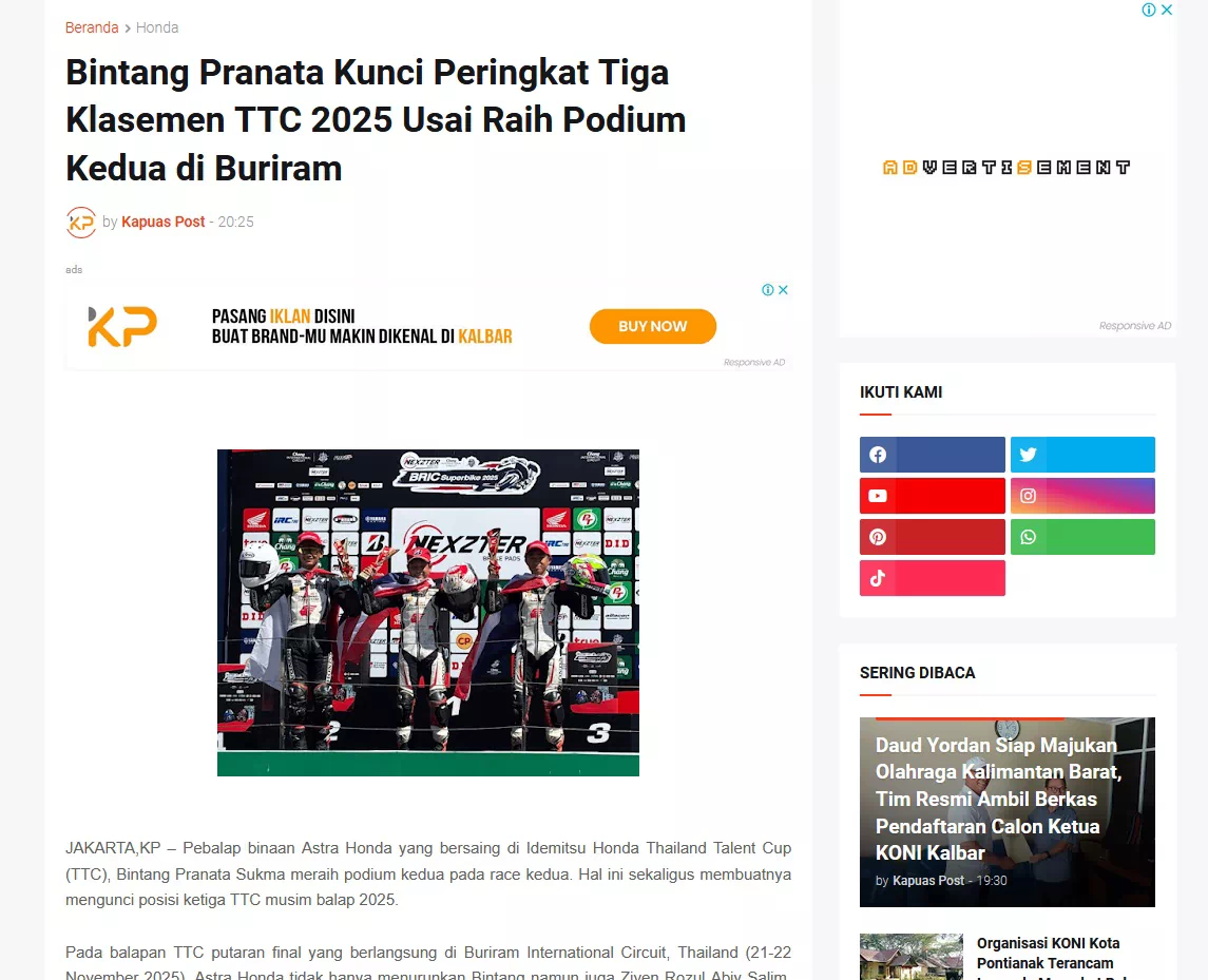 Bintang Pranata Kunci Peringkat Tiga Klasemen TTC 2025 Usai Raih Podium Kedua di Buriram