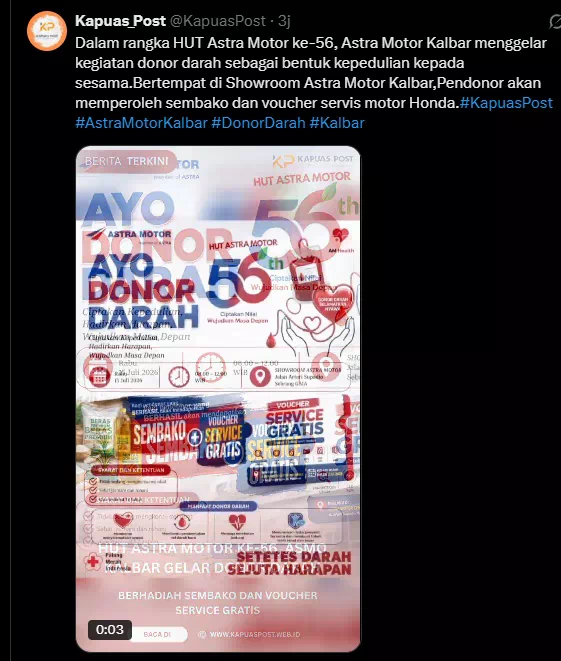 Dalam rangka HUT Astra Motor ke-56, Astra Motor Kalbar menggelar kegiatan donor darah