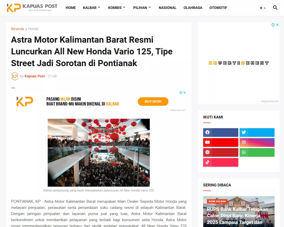 Astra Motor Kalimantan Barat Resmi Luncurkan All New Honda Vario 125, Tipe Street Jadi Sorotan di Pontianak