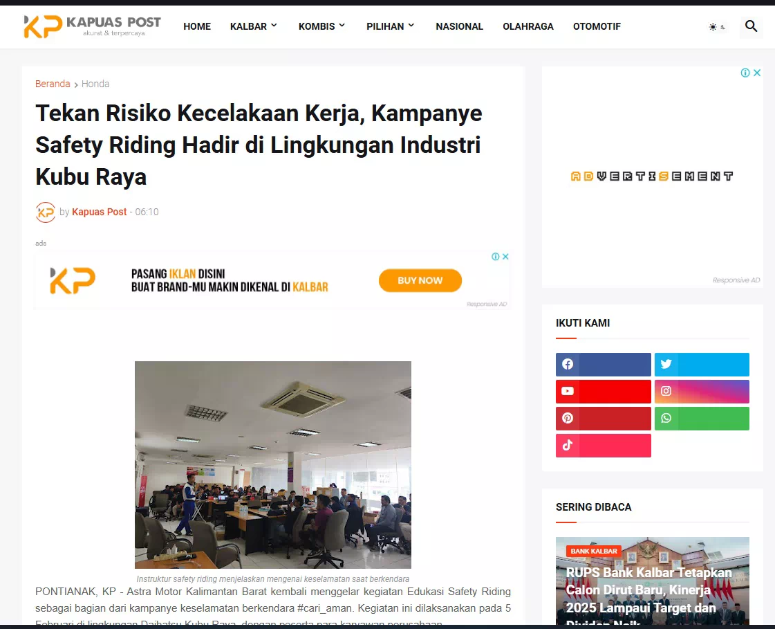 Tekan Risiko Kecelakaan Kerja, Kampanye Safety Riding Hadir di Lingkungan Industri Kubu Raya