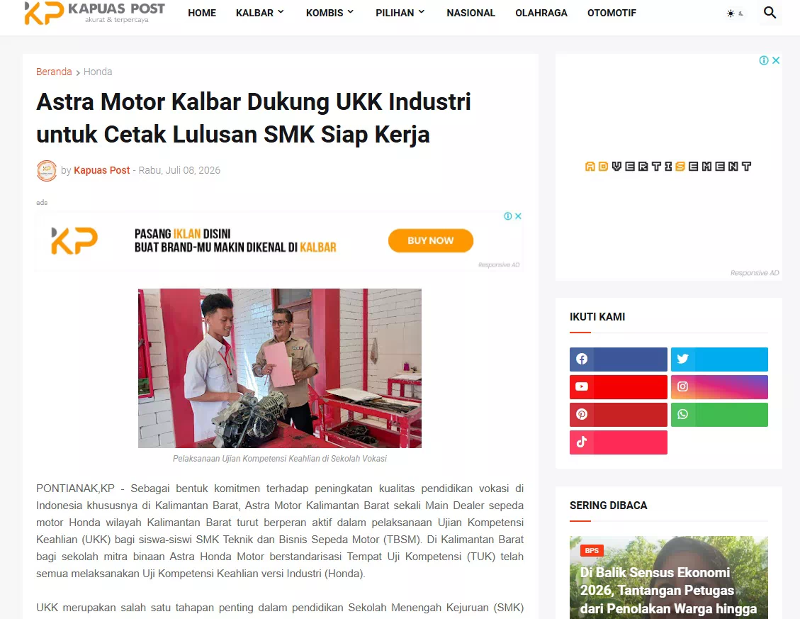 Astra Motor Kalbar Dukung UKK Industri untuk Cetak Lulusan SMK Siap Kerja
