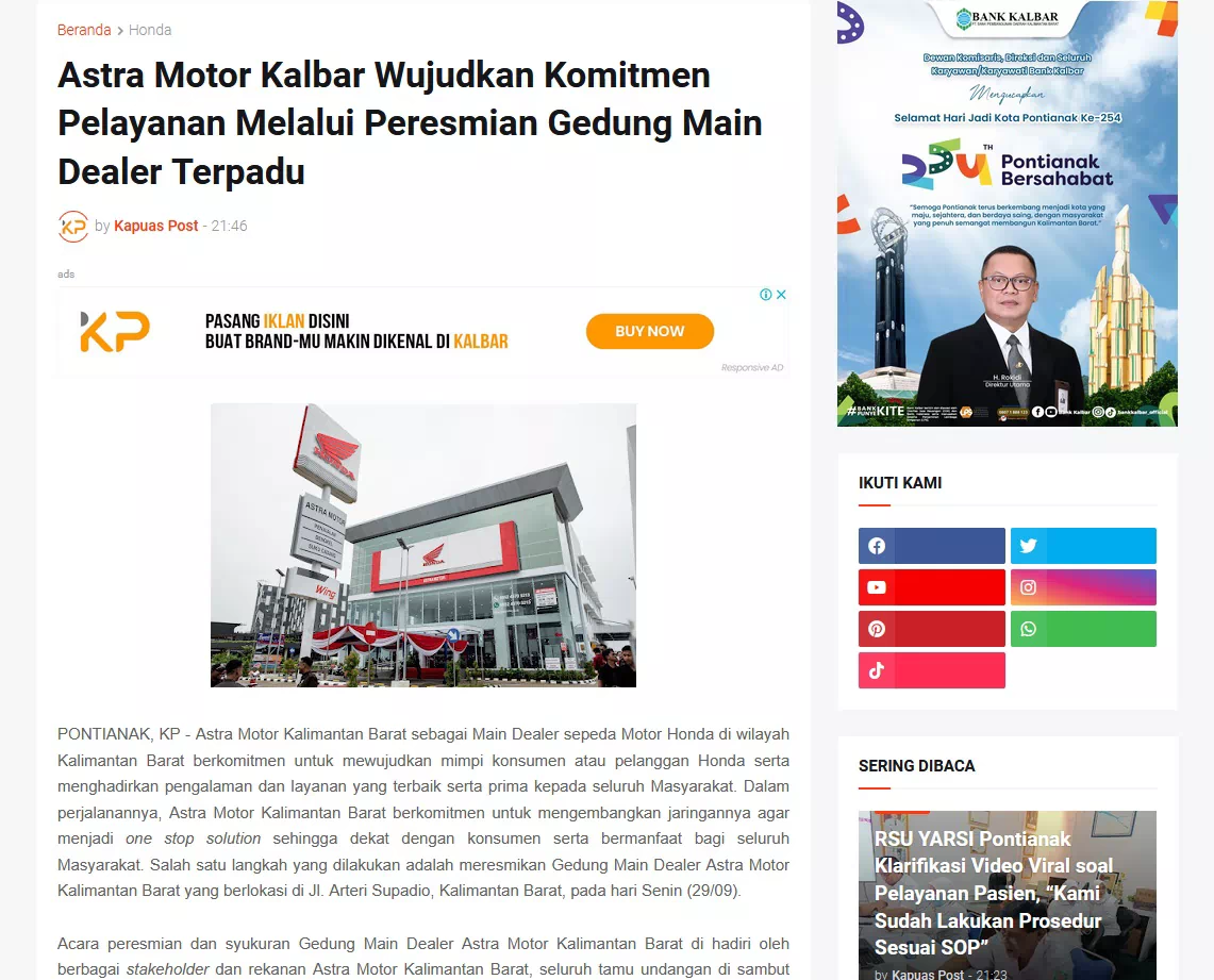 Astra Motor Kalbar Wujudkan Komitmen Pelayanan Melalui Peresmian Gedung Main Dealer Terpadu